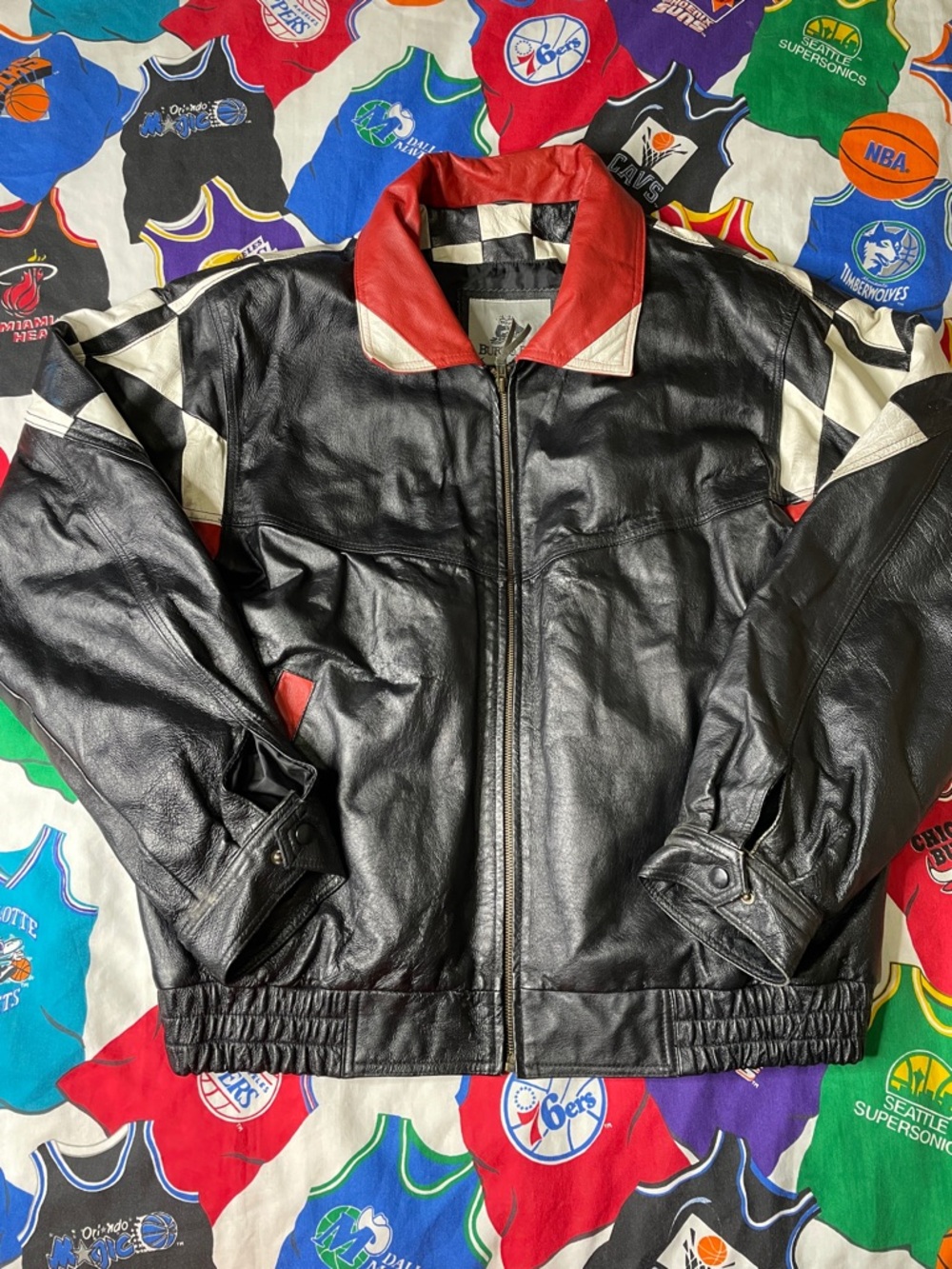 Vintage 90s Burks Bay Racing Checkered Leather Moto Jacket